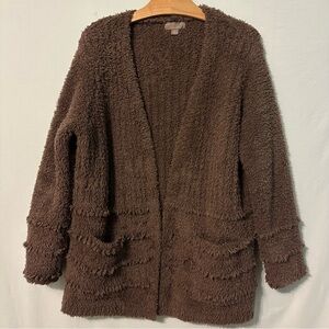 Barefoot Dreams Cozychic Boardwalk Sz Medium Open Front Fringe Sable Brown Warm